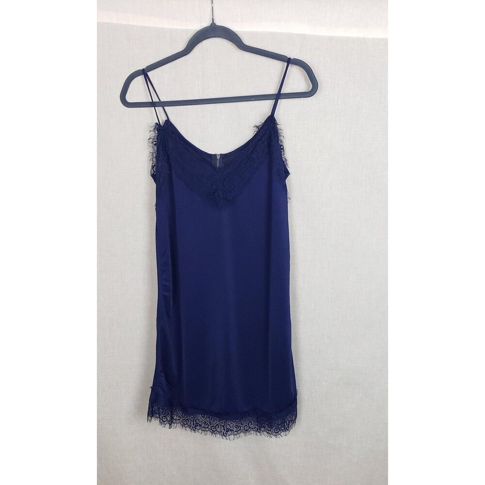 Slip Dress L Navy Blue Satin Lace Trim Feminine Sexy‎ Whimsigoth Dainty